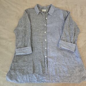 Habitat Striped Blue/Gray Button Down Shirt Lagenlook 100% Linen Large